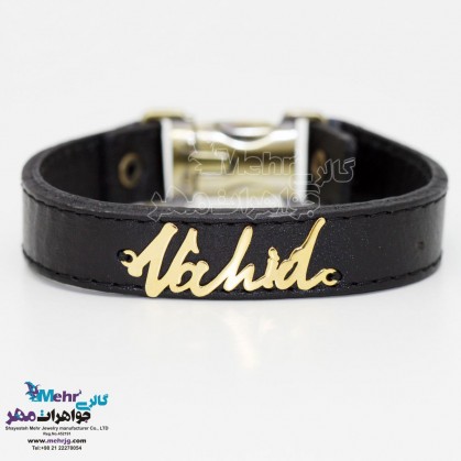 دستبند اسم طلا و چرم - طرح وحید-SBN0030